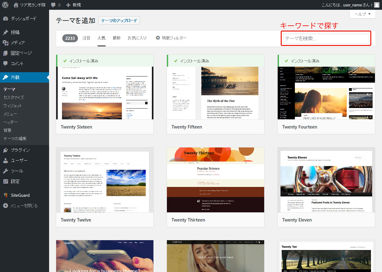 WordPress管理画面 テーマのキーワード検索