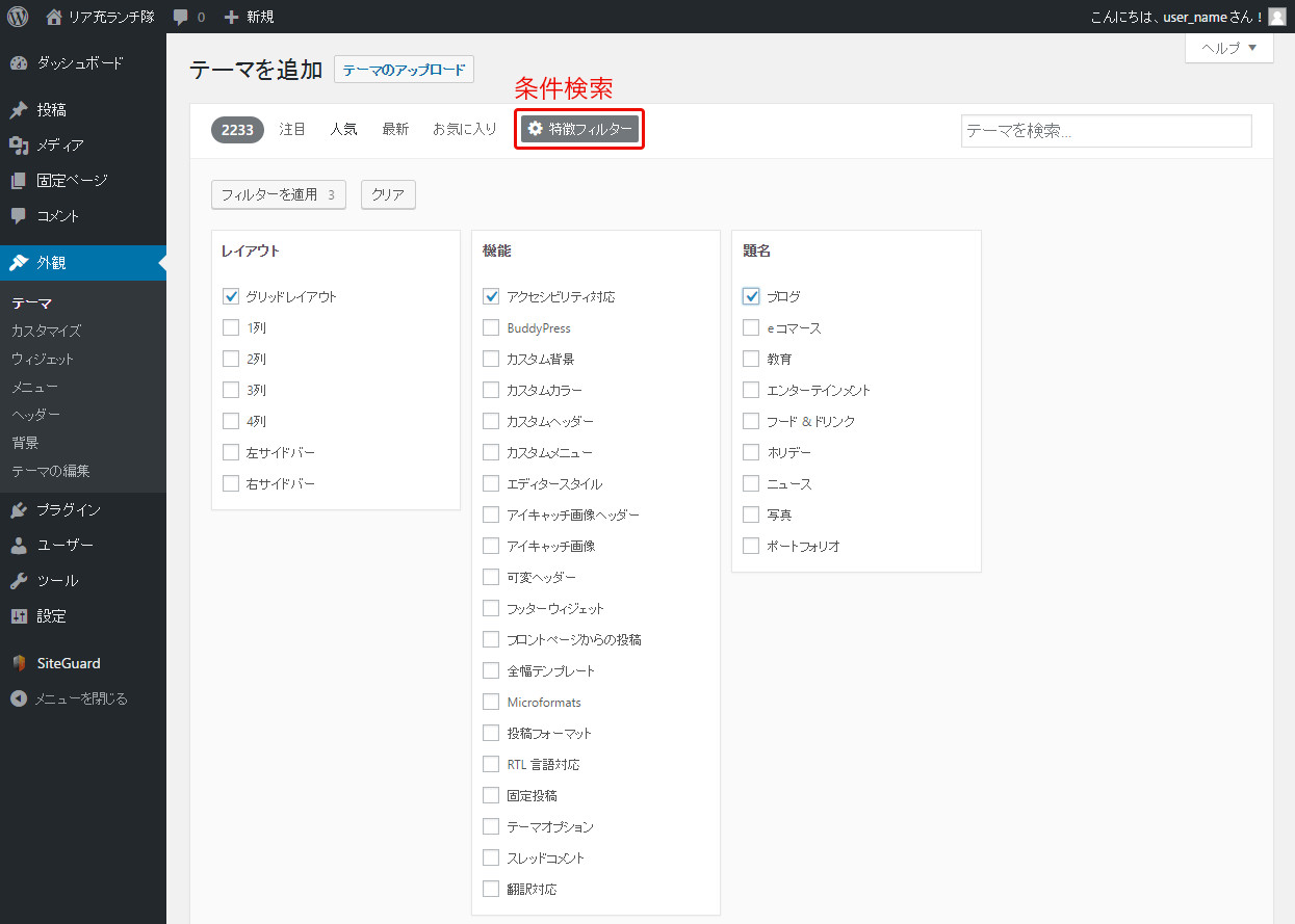 WordPress管理画面 テーマの条件検索