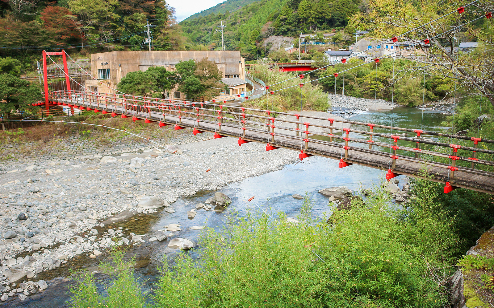 オフィス前には天然鮎が生息する清流「安田川」